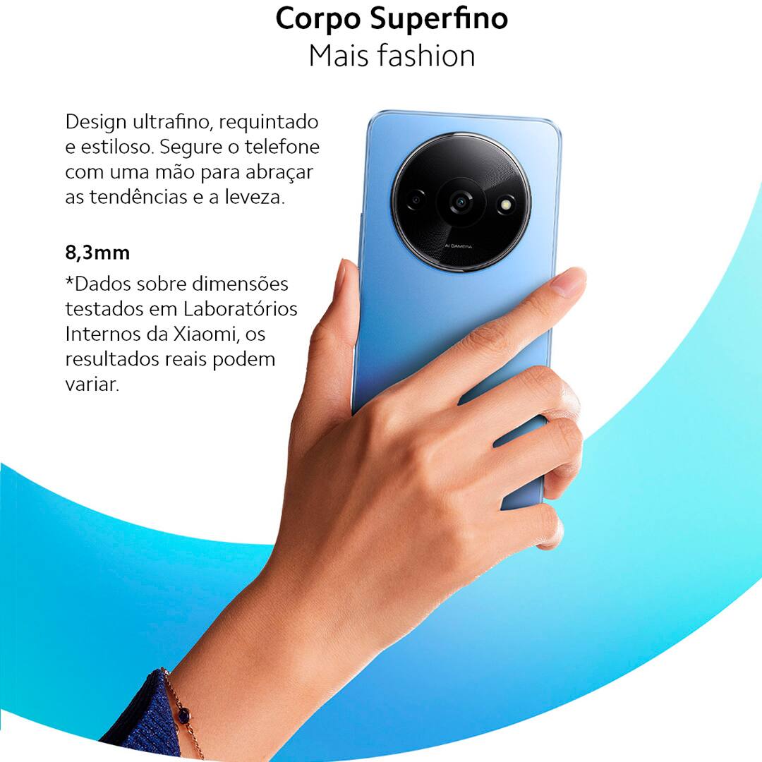 Design e Experiência Visual Imersiva O Smartphone Redmi A3 é ideal para quem busca praticidade e acessibilidade no seu dia a dia. Com um design moderno e uma tela ampla de 6,7 polegadas, proporciona uma experiência visual envolvente, perfeita para desfrutar de vídeos, fotos e navegação na web. Desempenho Eficiente e Sistema Leve Equipado com o processador MediaTek Helio G36, o Xiaomi Redmi oferece um desempenho excepcional para todas as suas atividades diárias. Desenvolvido para garantir fluidez e responsividade, mesmo em uso prolongado, e aliado ao sistema operacional Android 14, garante uma experiência de uso intuitiva e eficaz.
