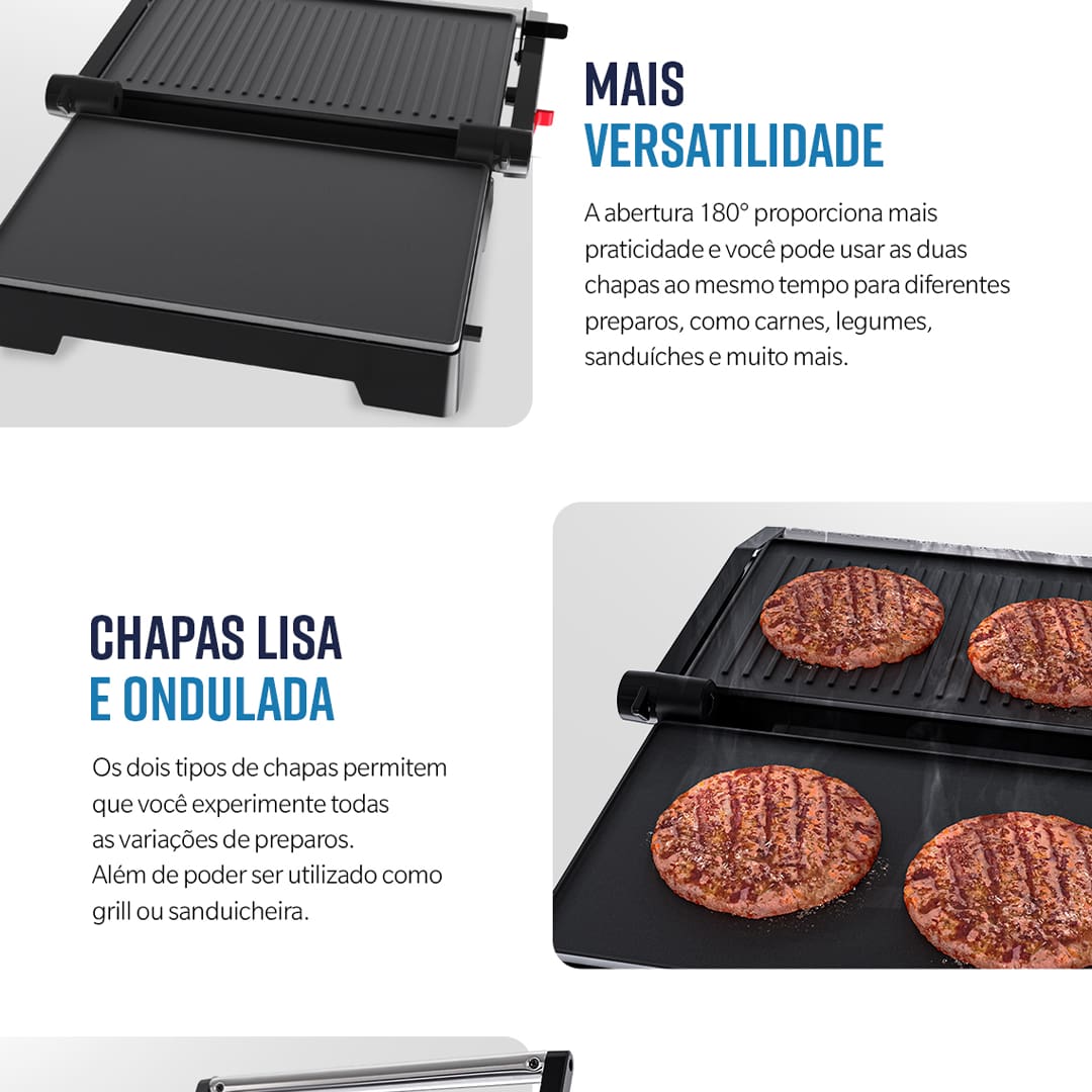 Praticidade e Versatilidade para Suas Refeições O Mini Grill Oster 2 em 1, modelo OGRL230, traz mais praticidade e saúde para suas refeições. Com a opção de usá-lo como grill ou sanduicheira, você pode preparar pratos deliciosos de forma ágil e eficiente. Seja para grelhar carnes ou preparar sanduíches, ele oferece uma solução rápida e sem complicações.