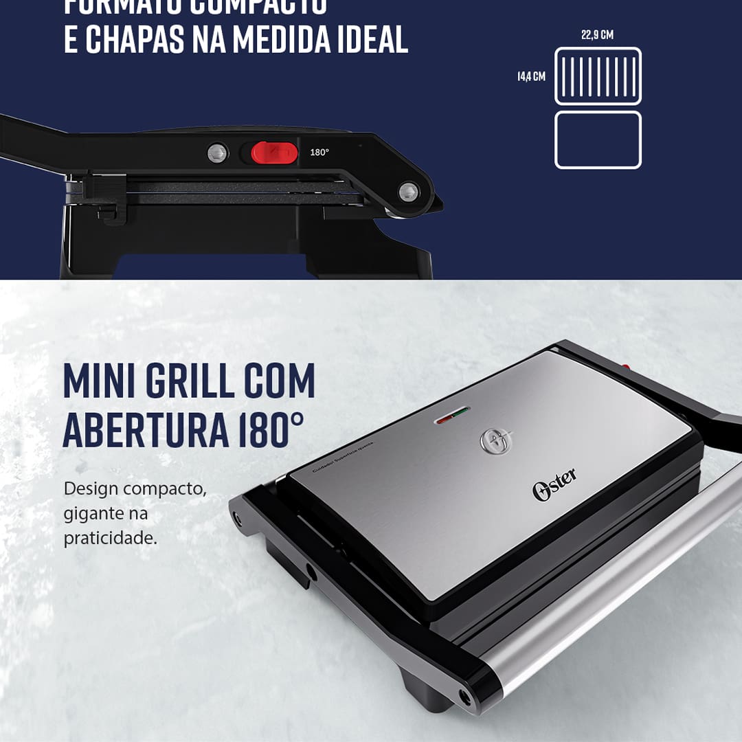 Praticidade e Versatilidade para Suas Refeições O Mini Grill Oster 2 em 1, modelo OGRL230, traz mais praticidade e saúde para suas refeições. Com a opção de usá-lo como grill ou sanduicheira, você pode preparar pratos deliciosos de forma ágil e eficiente. Seja para grelhar carnes ou preparar sanduíches, ele oferece uma solução rápida e sem complicações.