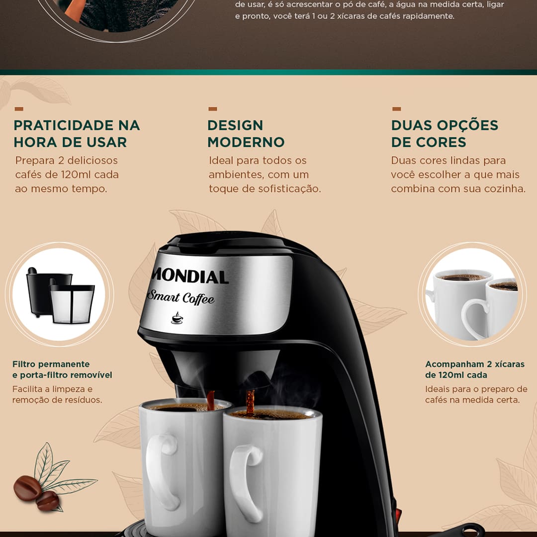 Muito bom preparar e apreciar aquele café saboroso, fresquinho e praticidade, agora com a Cafeteira Smart Coffee da Mondial isso será possível. A cafeteira vem acompanhada de 2 xícaras de 120m ml, que podem ser preparadas juntas ou individualmente. Tem filtro permanente, dispensando o uso do filtro de papel.