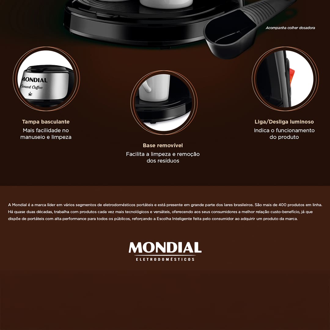Muito bom preparar e apreciar aquele café saboroso, fresquinho e praticidade, agora com a Cafeteira Smart Coffee da Mondial isso será possível. A cafeteira vem acompanhada de 2 xícaras de 120m ml, que podem ser preparadas juntas ou individualmente. Tem filtro permanente, dispensando o uso do filtro de papel.