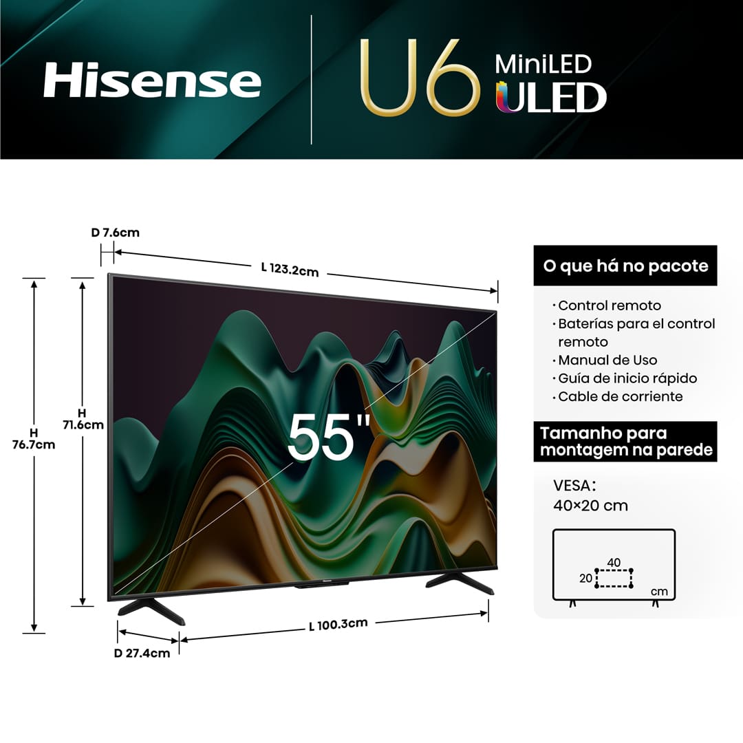  Smart TV 55” Hisense Ultra HD 4K Mini LED U6N