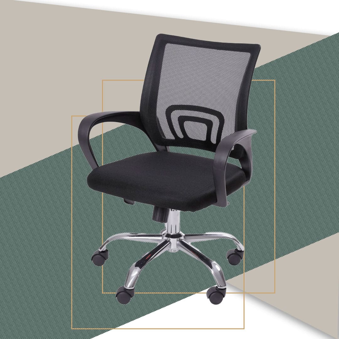 imagem frontal frente lateral lado Cadeira OR Design preta prata fundo bege verde