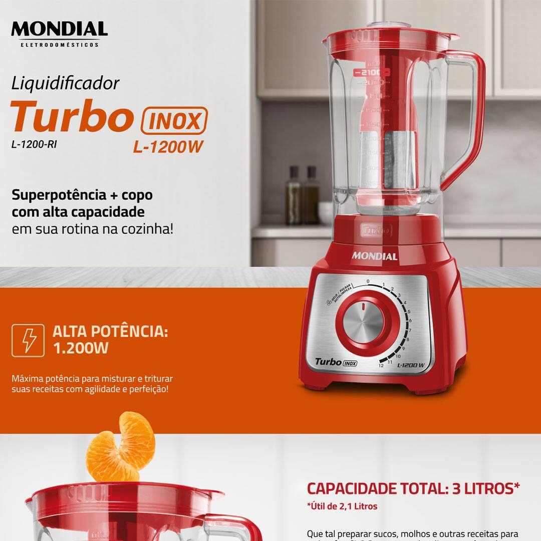 Liquidificador Mondial L1200 RI Turbo Inox Vermelho