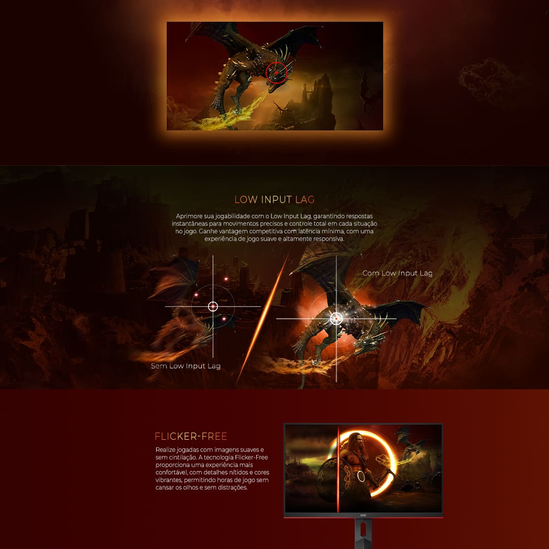Experiência visual imersiva Entre no mundo dos jogos com o Monitor Gamer de 23.8" da AOC, oferecendo uma resolução nítida Full HD (1920 x 1080). Equipado com tecnologia AMD FreeSync Premium você garante uma jogabilidade mais suave para seus jogos.