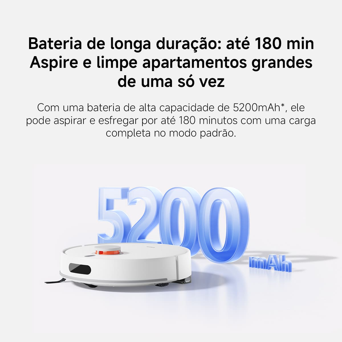 um aspirador robô branco com o número 5200 em grande destaque, indicando sua longa duração de bateria.