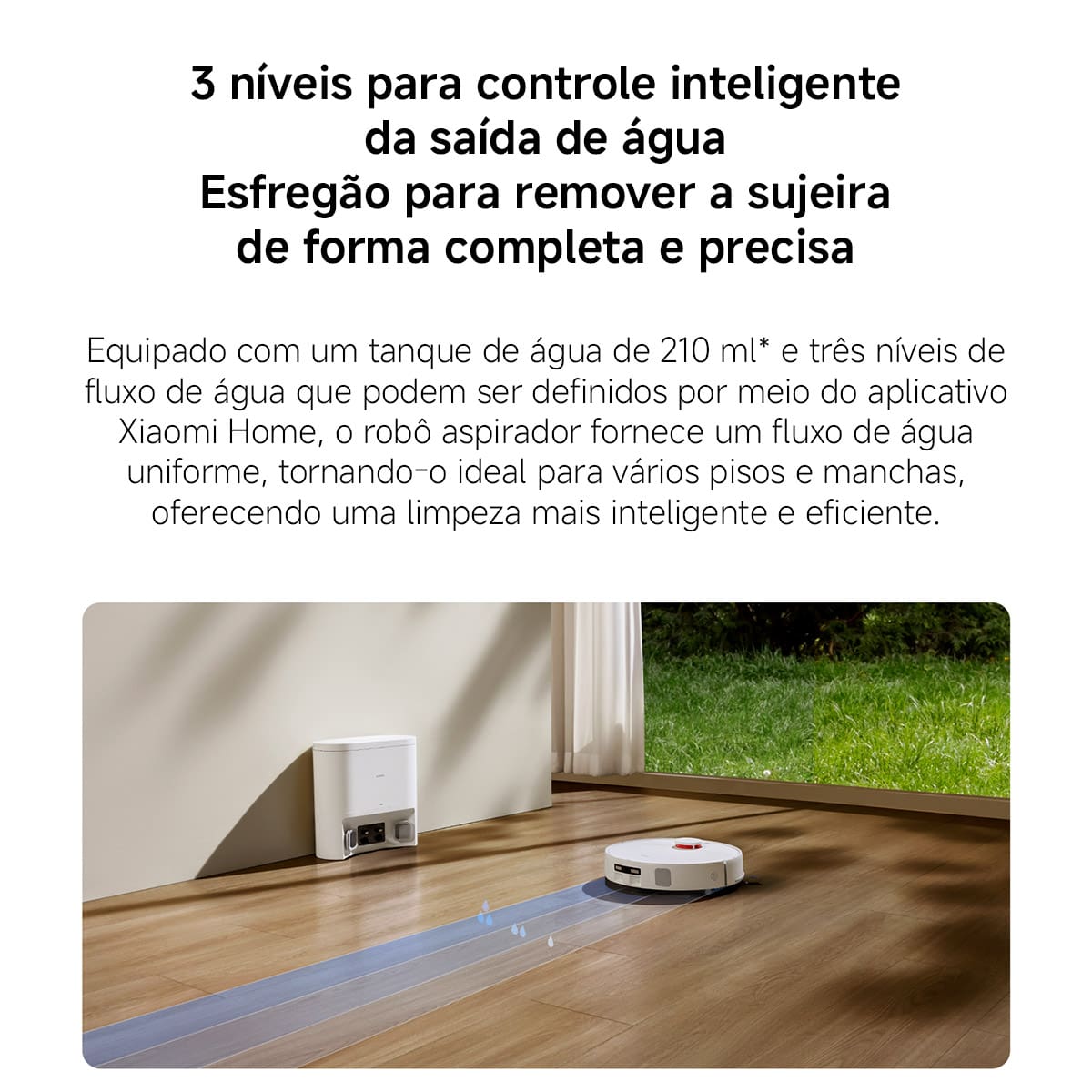 A imagem apresenta um robô aspirador de pó em funcionamento em um ambiente interno, demonstrando sua capacidade de limpeza eficiente e moderna