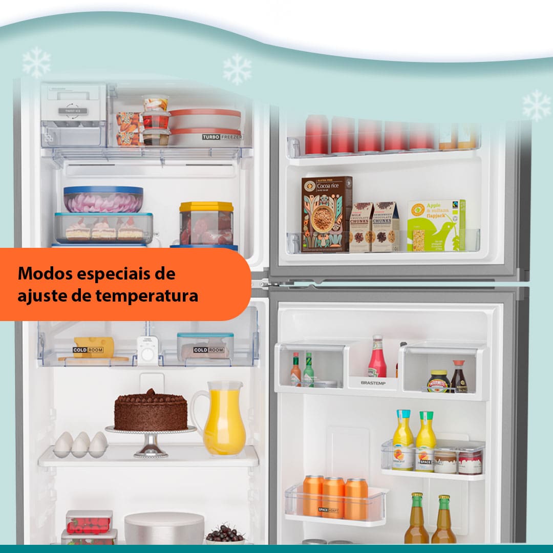 geladeira aberta duas portas parte interna alimentos armazenados modos especiais ajuste temperatura