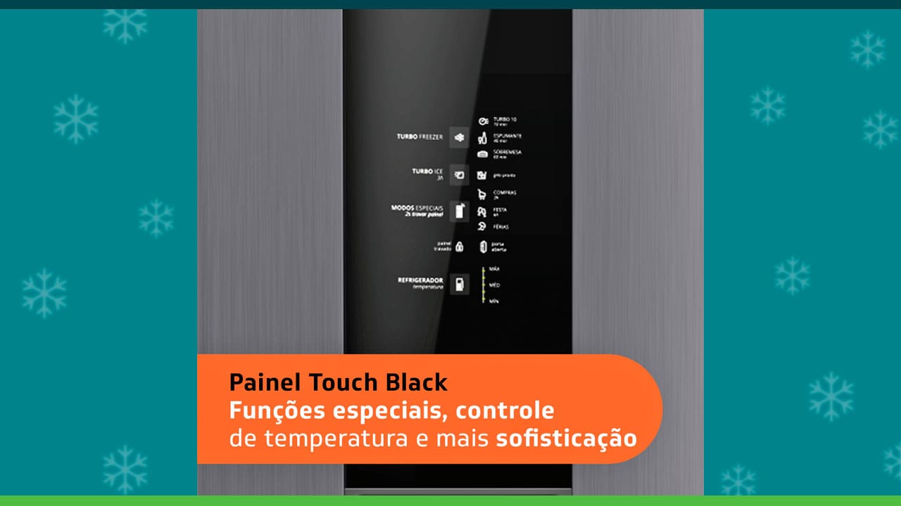 painel touch black preto geladeira botões funções controle temperatura sofisticação especiais