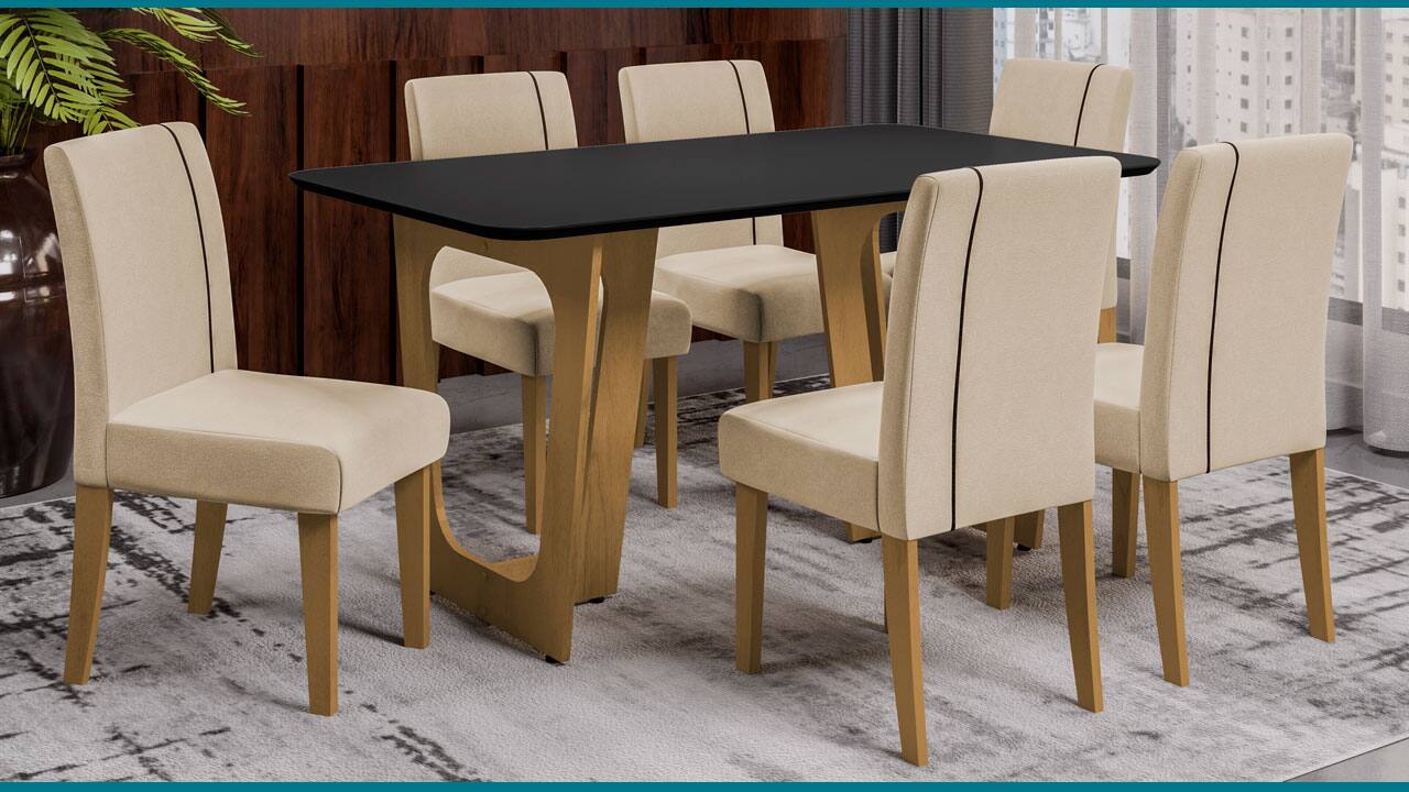 Conjunto Mesa de Jantar Áustria com Vidro e 6 Cadeiras