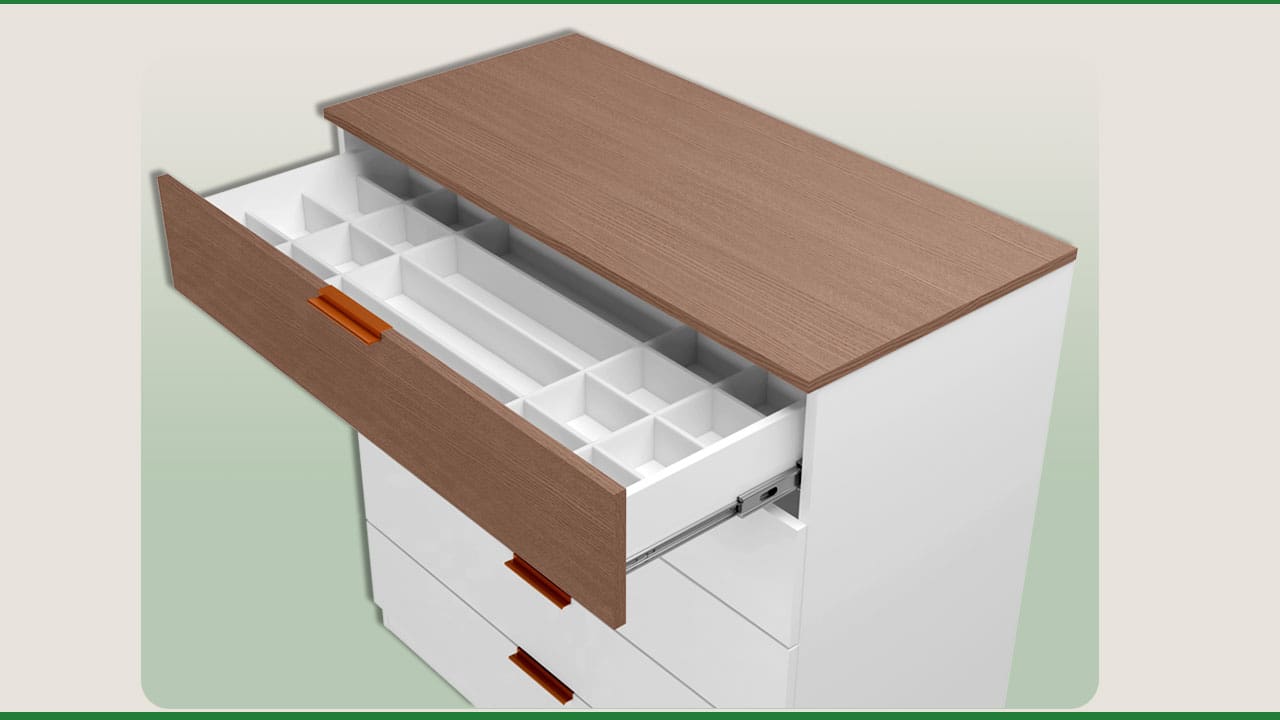 Gaveta superior com separador plástico de objetos