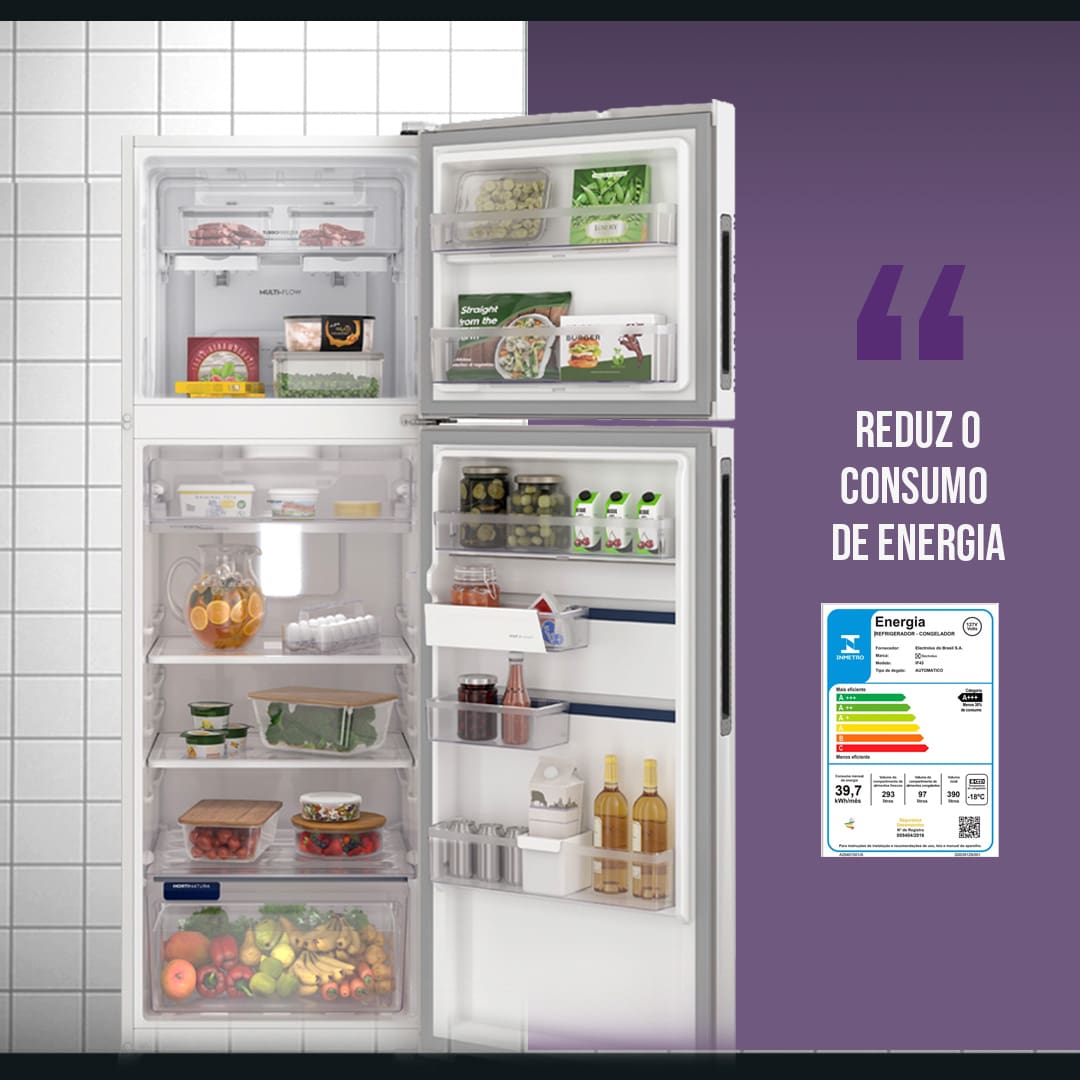 Geladeira Electrolux Inverter Frost Free IF43 gaveta hortinatura luz LED