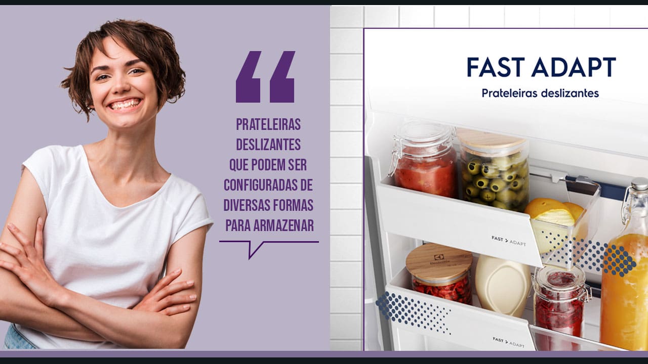 Geladeira Electrolux Inverter Frost Free IF43 prateleiras retráteis reversíveis