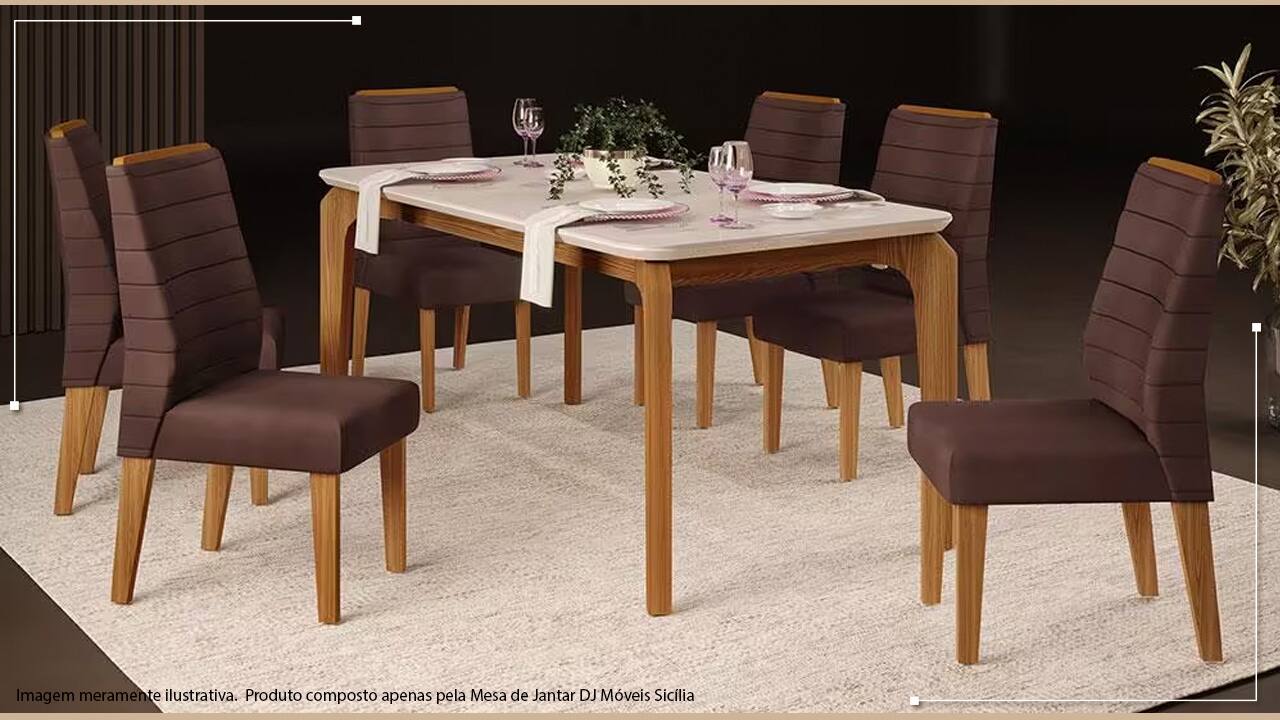 imagem frontal frente Mesa de Jantar DJ Móveis Sicília conjunto 6 seis cadeiras marrom branca tapete bege branco guardanapos taças copos vaso flor planta verde chão piso