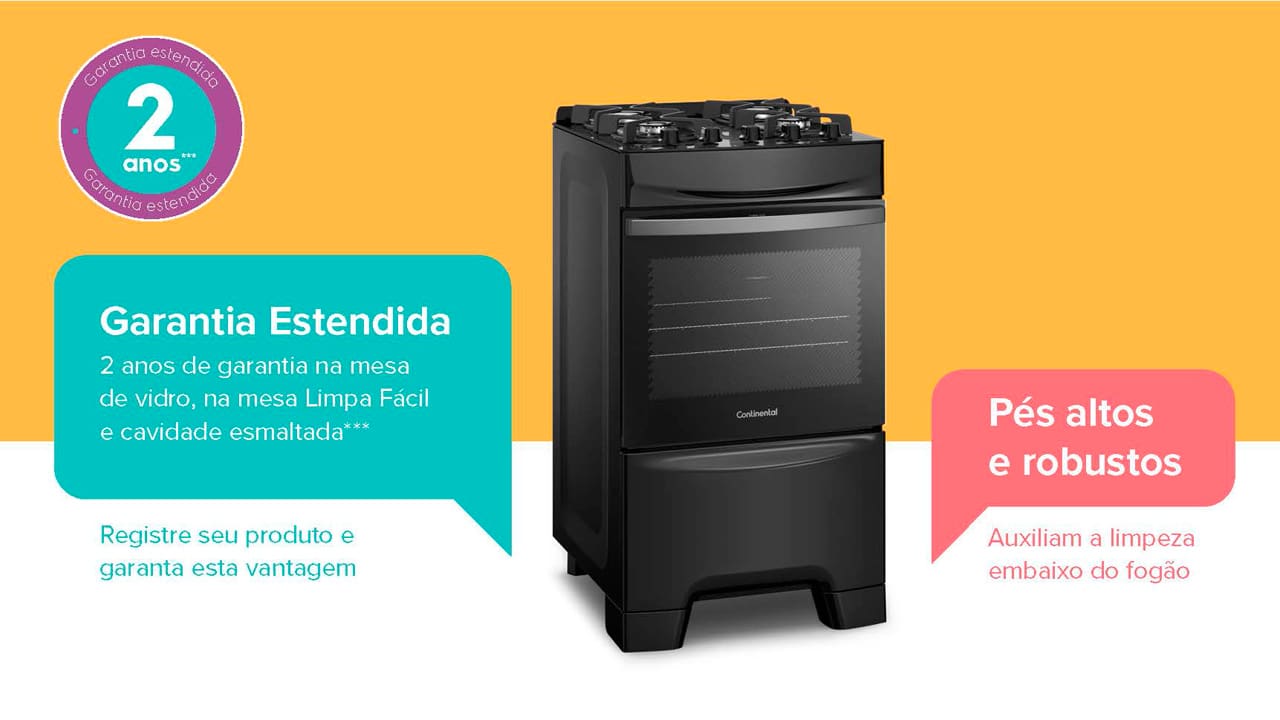 Fogão 4 Bocas Continental FC4GB: máximo desempenho, mínimo consumo O Fogão Continental 4 Bocas FC4GB oferece um desempenho superior com baixo consumo de gás, sendo o forno mais econômico do mercado. Equipado com a tecnologia Eco Turbo, ele reduz desperdícios ao evitar a perda de calor, permitindo que seus pratos sejam assados 37% mais rápido e economizando até 31% de gás. Além de eficiência, seu design moderno traz praticidade para o preparo de receitas deliciosas para toda a família.
