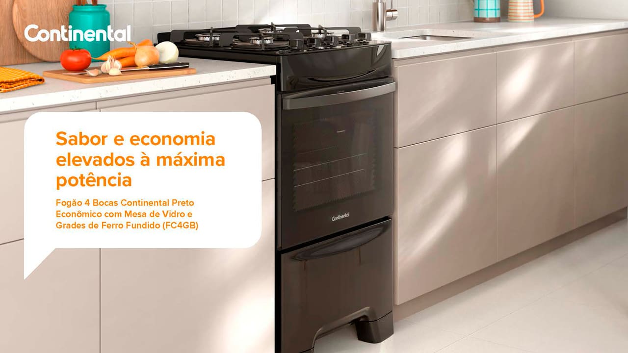 Fogão 4 Bocas Continental FC4GB: máximo desempenho, mínimo consumo O Fogão Continental 4 Bocas FC4GB oferece um desempenho superior com baixo consumo de gás, sendo o forno mais econômico do mercado. Equipado com a tecnologia Eco Turbo, ele reduz desperdícios ao evitar a perda de calor, permitindo que seus pratos sejam assados 37% mais rápido e economizando até 31% de gás. Além de eficiência, seu design moderno traz praticidade para o preparo de receitas deliciosas para toda a família.