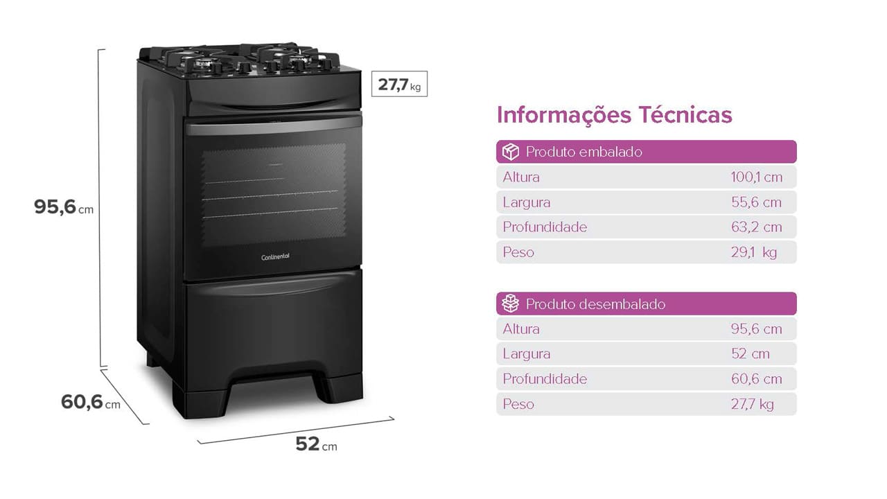 Fogão 4 Bocas Continental FC4GB: máximo desempenho, mínimo consumo O Fogão Continental 4 Bocas FC4GB oferece um desempenho superior com baixo consumo de gás, sendo o forno mais econômico do mercado. Equipado com a tecnologia Eco Turbo, ele reduz desperdícios ao evitar a perda de calor, permitindo que seus pratos sejam assados 37% mais rápido e economizando até 31% de gás. Além de eficiência, seu design moderno traz praticidade para o preparo de receitas deliciosas para toda a família.