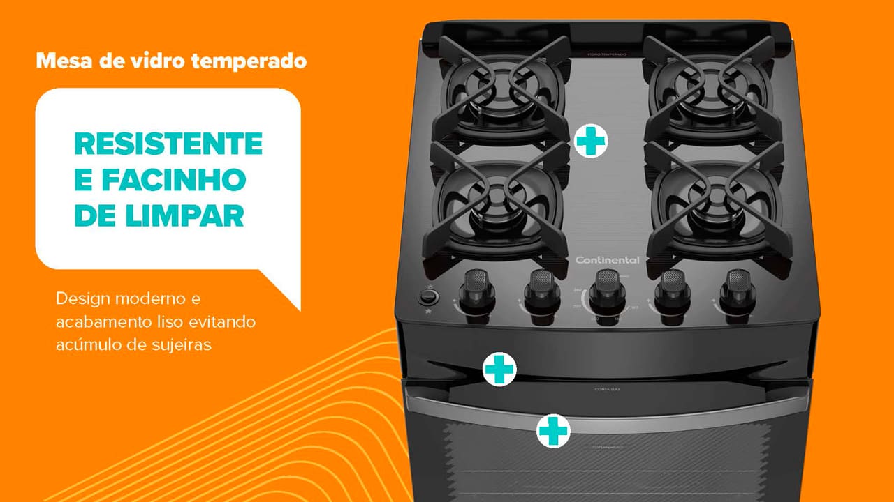 Fogão 4 Bocas Continental FC4GB: máximo desempenho, mínimo consumo O Fogão Continental 4 Bocas FC4GB oferece um desempenho superior com baixo consumo de gás, sendo o forno mais econômico do mercado. Equipado com a tecnologia Eco Turbo, ele reduz desperdícios ao evitar a perda de calor, permitindo que seus pratos sejam assados 37% mais rápido e economizando até 31% de gás. Além de eficiência, seu design moderno traz praticidade para o preparo de receitas deliciosas para toda a família.