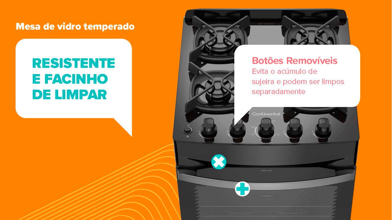 Fogão 4 Bocas Continental FC4GB: máximo desempenho, mínimo consumo O Fogão Continental 4 Bocas FC4GB oferece um desempenho superior com baixo consumo de gás, sendo o forno mais econômico do mercado. Equipado com a tecnologia Eco Turbo, ele reduz desperdícios ao evitar a perda de calor, permitindo que seus pratos sejam assados 37% mais rápido e economizando até 31% de gás. Além de eficiência, seu design moderno traz praticidade para o preparo de receitas deliciosas para toda a família.