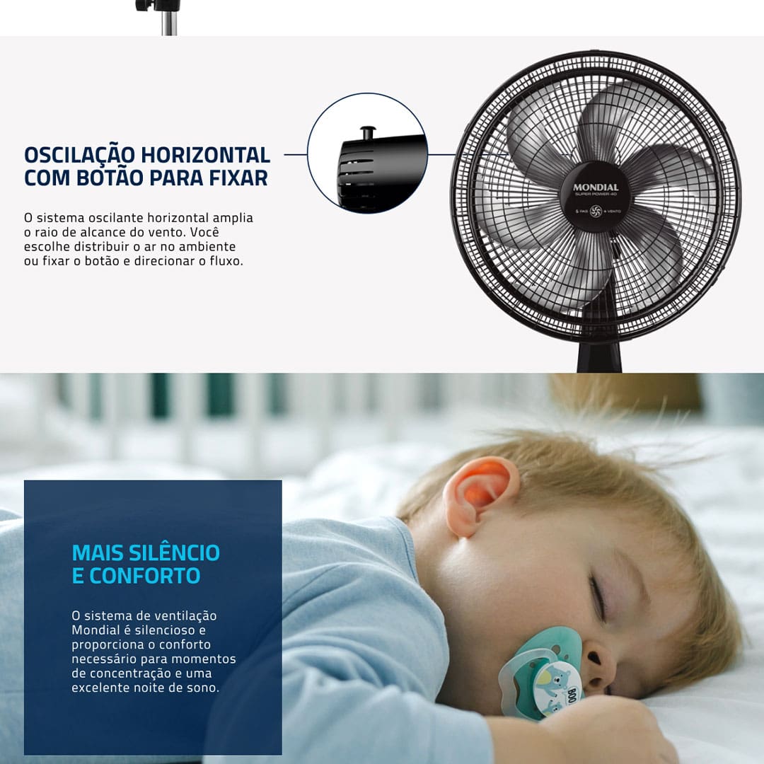 Para manter o ambiente numa temperatura mais agradável em dias de calor, conte com o Ventilador de Coluna Super Power da Mondial. Ele possui hélice de 40cm de diâmetro com 6 pás, proporcionando maior vazão de ar e permitindo uma excelente ventilação por todo o local.