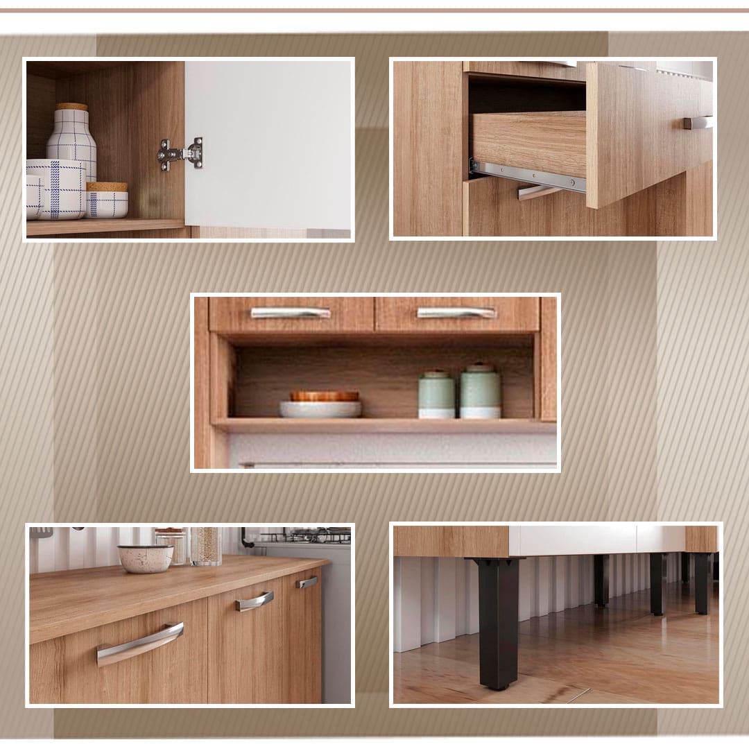 portas prateleiras gaveta nicho conjunto módulos itens espaço tampo equipamentos portáteis cafeteira micro-ondas forno elétrico temperos vasos objetos decorativos