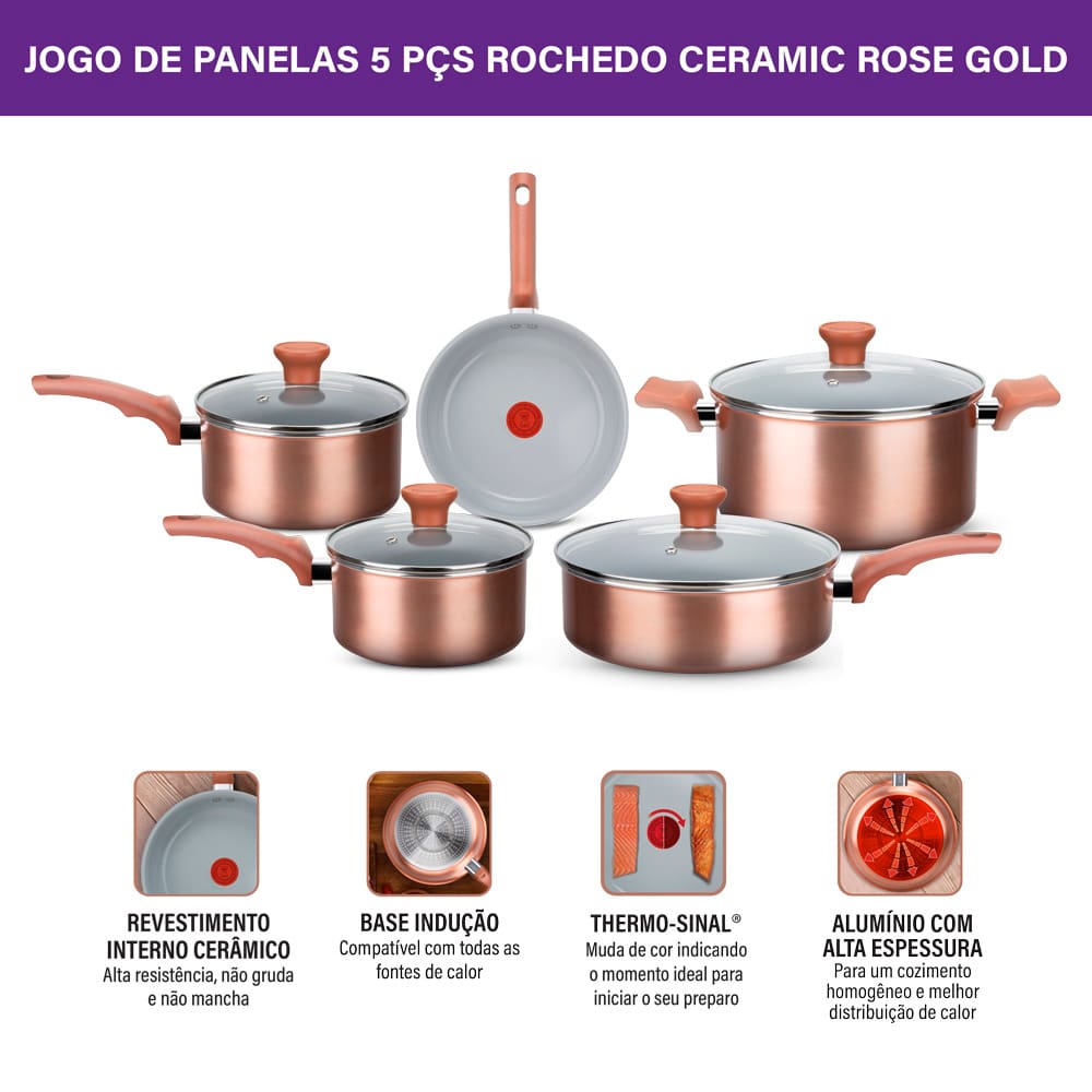 Conjunto de Panelas 5 Peças Rochedo Ceramic Rose Gold
