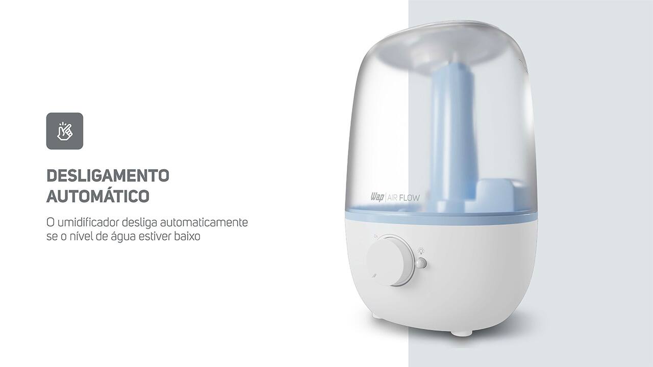 Saúde e bem-estar o ano inteiro Experimente o máximo conforto e qualidade de vida com o Umidificador de Ar Wap Air Flow U2! Este dispositivo 3 em 1 é a solução perfeita para manter o nível da umidade do ar agradável, perfumar os ambientes e iluminar com uma luz de LED de 4000k. Com seu design moderno, ele cria uma atmosfera aconchegante para toda a família, tornando os dias mais agradáveis e as noites mais tranquilas.