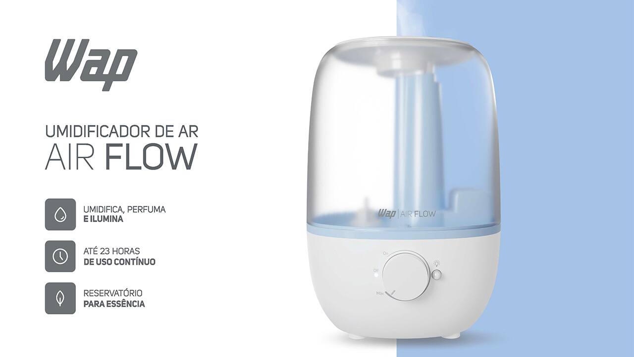 Saúde e bem-estar o ano inteiro Experimente o máximo conforto e qualidade de vida com o Umidificador de Ar Wap Air Flow U2! Este dispositivo 3 em 1 é a solução perfeita para manter o nível da umidade do ar agradável, perfumar os ambientes e iluminar com uma luz de LED de 4000k. Com seu design moderno, ele cria uma atmosfera aconchegante para toda a família, tornando os dias mais agradáveis e as noites mais tranquilas.