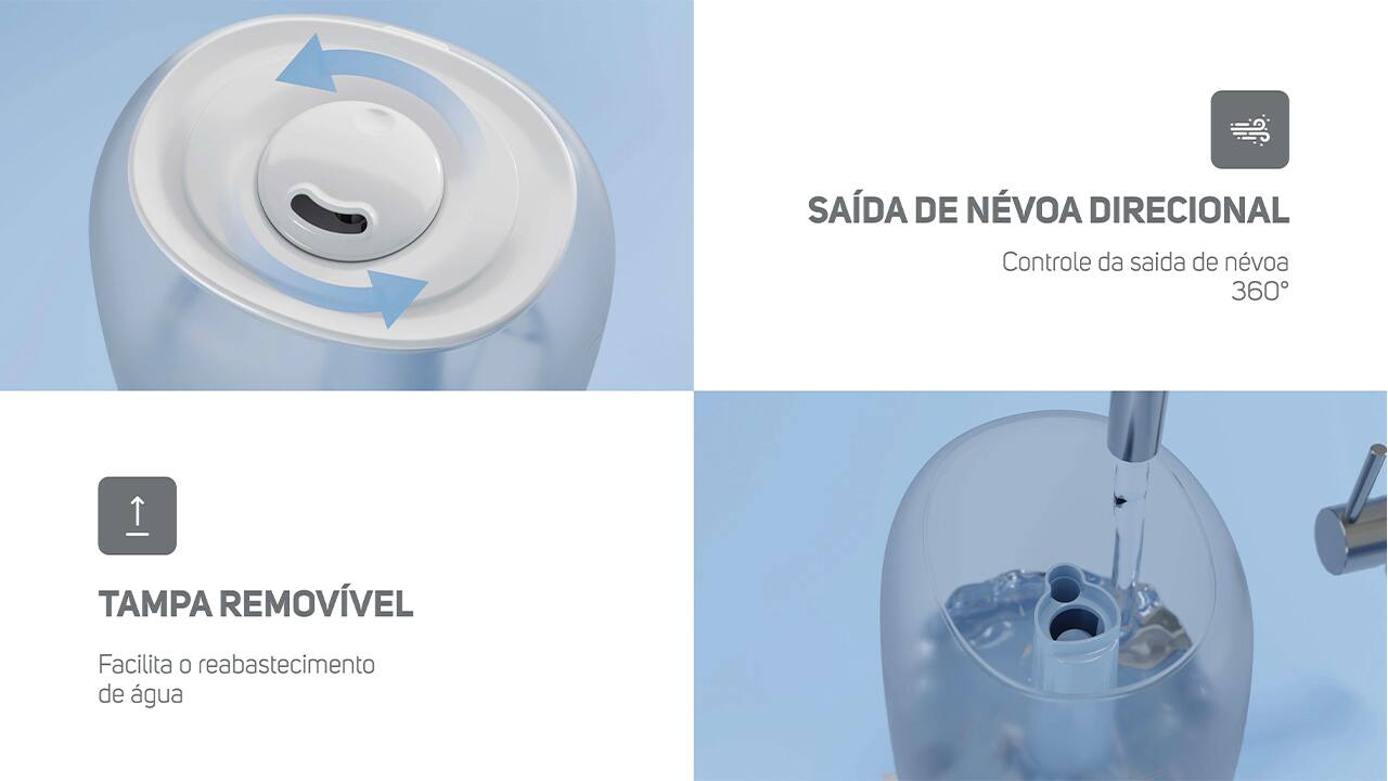 Saúde e bem-estar o ano inteiro Experimente o máximo conforto e qualidade de vida com o Umidificador de Ar Wap Air Flow U2! Este dispositivo 3 em 1 é a solução perfeita para manter o nível da umidade do ar agradável, perfumar os ambientes e iluminar com uma luz de LED de 4000k. Com seu design moderno, ele cria uma atmosfera aconchegante para toda a família, tornando os dias mais agradáveis e as noites mais tranquilas.