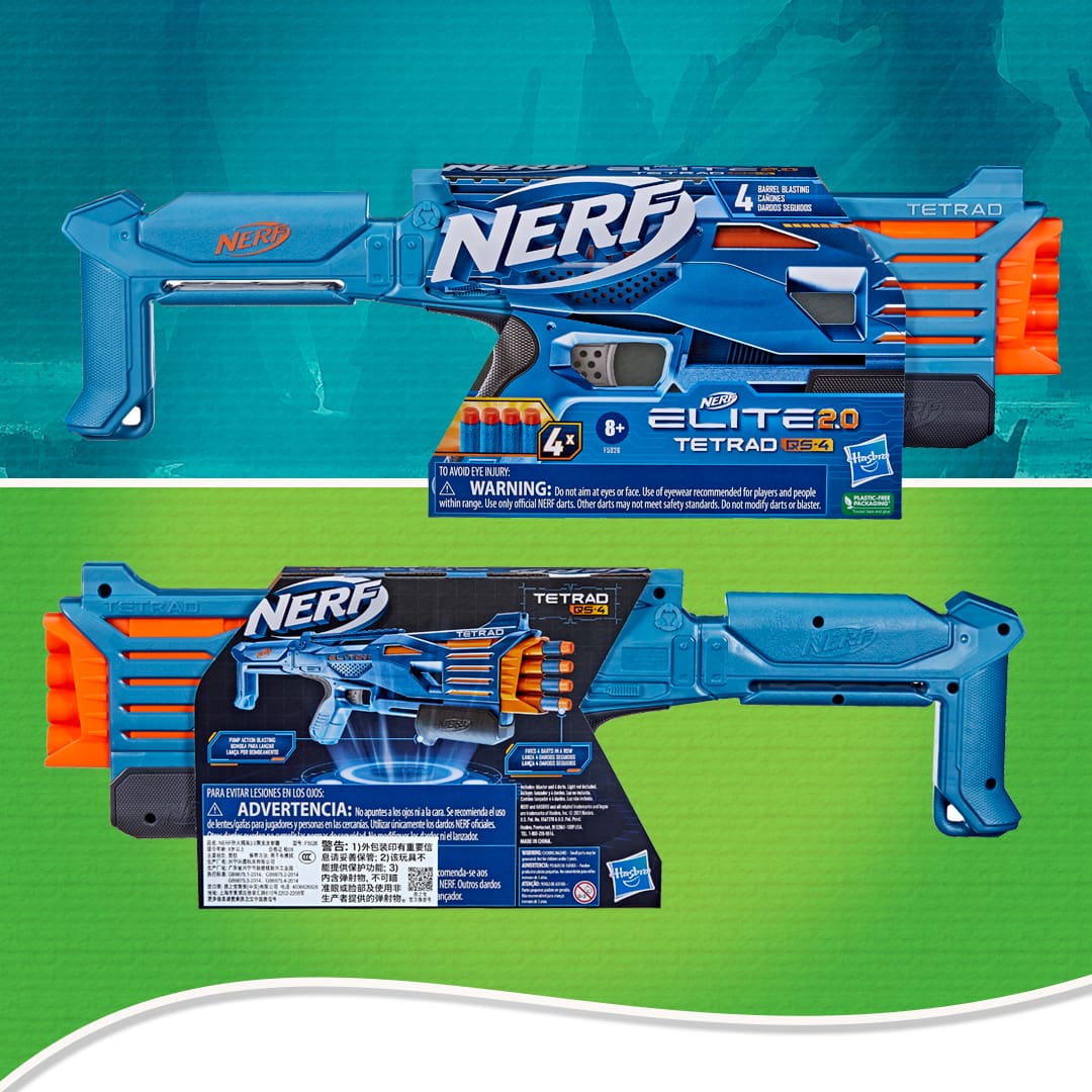 Lançador Dardos Nerf Hasbro azul laranja duas imagens laterais brinquedo embalagem fundo verde