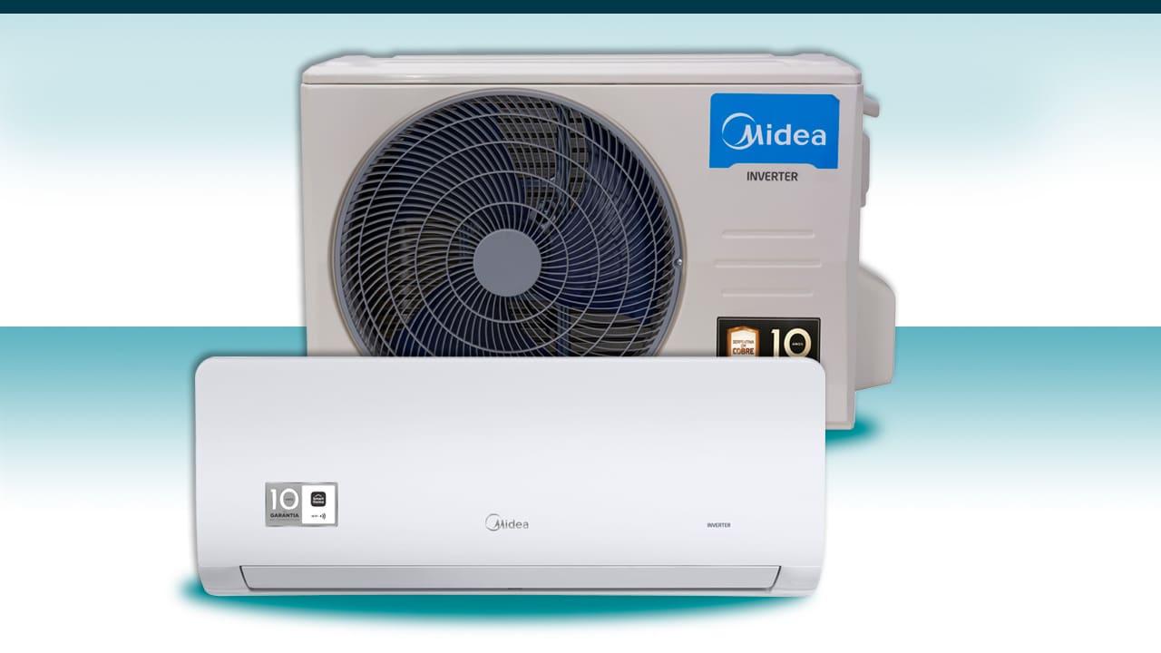 imagem frontal frente Ar-Condicionado Midea Inverter Xtreme Save Connect branco cinza claro bege equipamento condensadora condensador  