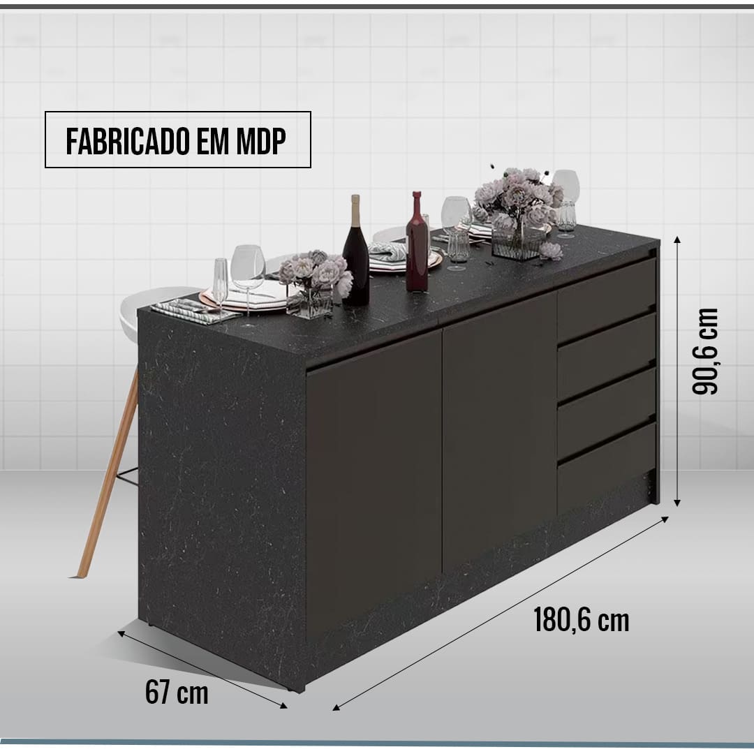 imagem mostra a Bancada Bartira Gourmet com mesa posta com destaque para as dimensões