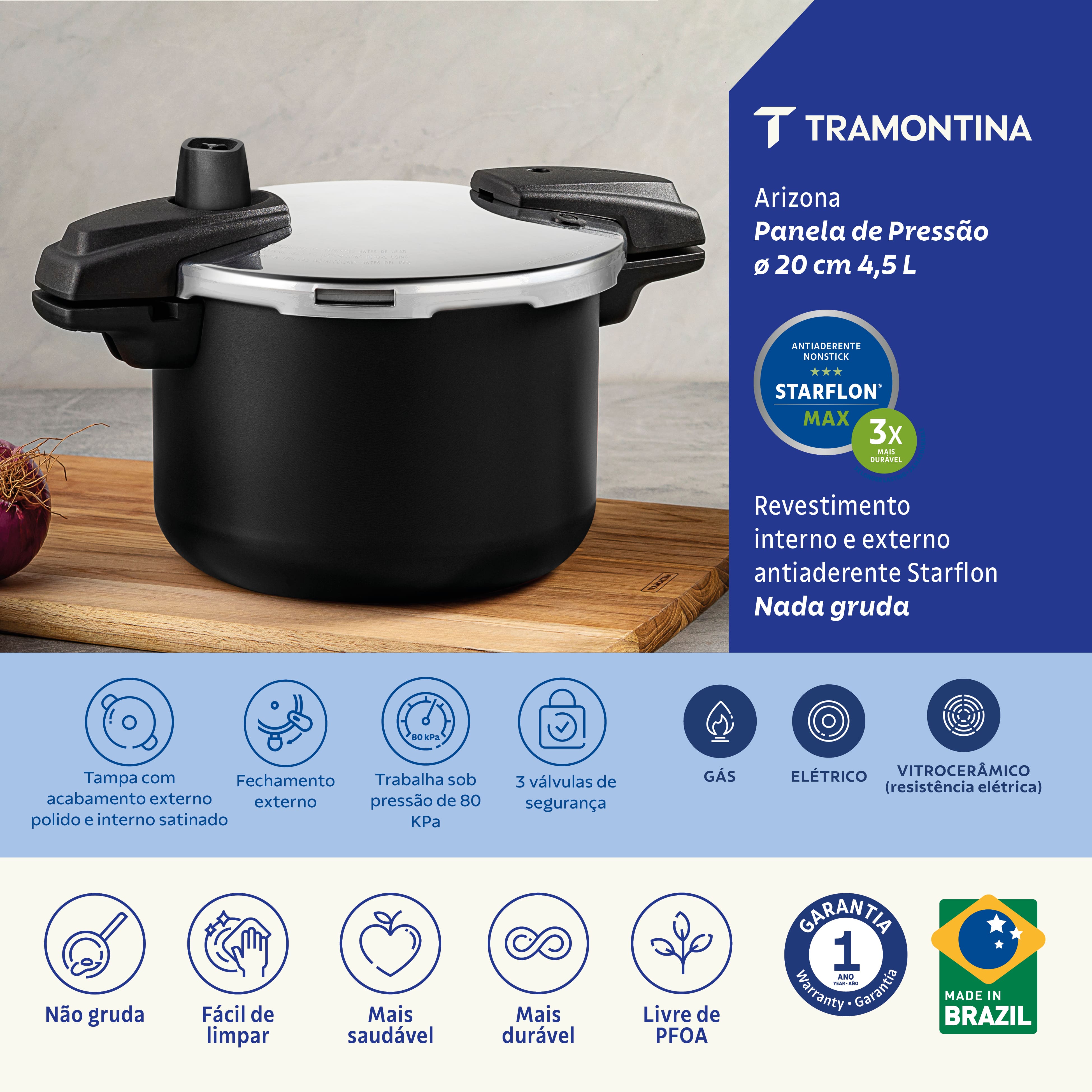 Panela de Pressão Tramontina 4,5 Litros Arizona Revestimento Interno e Externo Antiaderente Starflon Max Preto