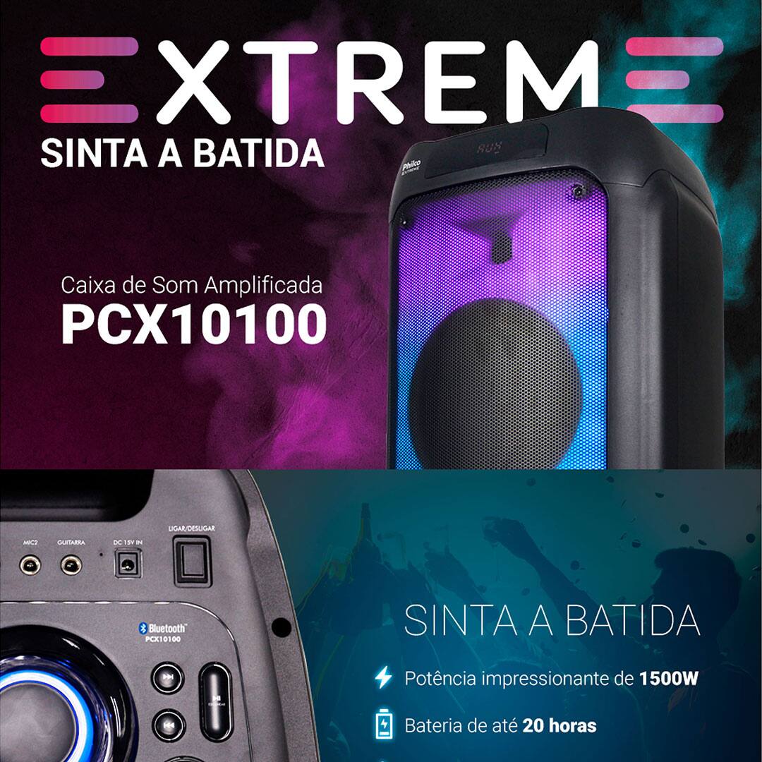 Caixa de Som Amplificada Philco PCX10100 com Bluetooth, Radio FM, Ex Bass, Iluminação LED, Controle Remoto e até 20h de bateria - 1500W