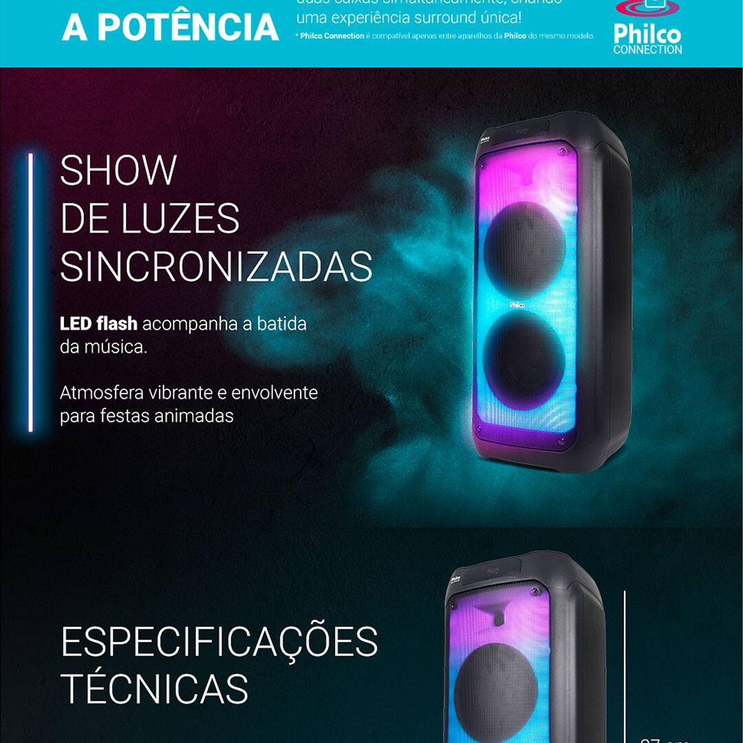 Caixa de Som Amplificada Philco PCX10100 com Bluetooth, Radio FM, Ex Bass, Iluminação LED, Controle Remoto e até 20h de bateria - 1500W