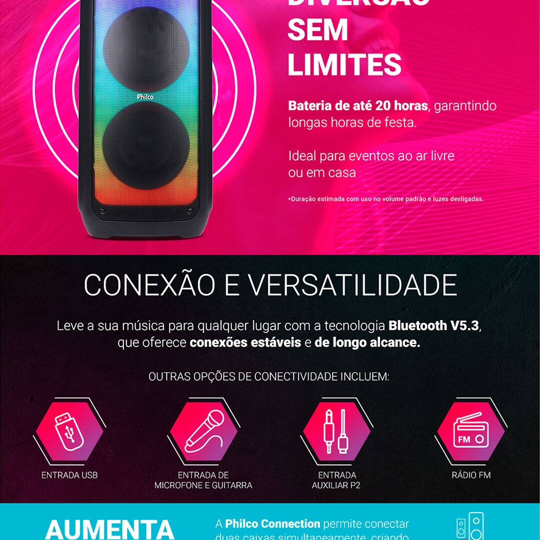 Caixa de Som Amplificada Philco PCX10100 com Bluetooth, Radio FM, Ex Bass, Iluminação LED, Controle Remoto e até 20h de bateria - 1500W