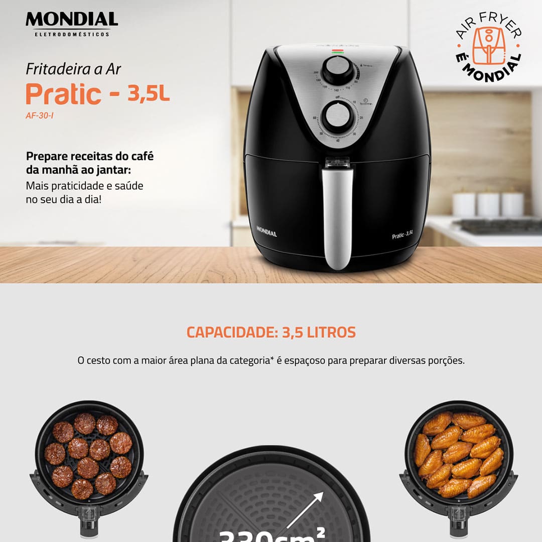 Transformar sua maneira de preparar os alimentos fica muito mais fácil com produtos que agregam praticidade e versatilidade como a Fritadeira Elétrica Sem Óleo Air Fryer Mondial AF-30I Family Inox IV. Bonita, moderna e fácil de usar, a Air Fryer Mondial cozinha os alimentos por inteiro utilizando a movimentação do ar quente, assim, os alimentos mantêm o sabor, ficam crocantes, mesmo sem a utilização de óleo, para receitas muito mais saudáveis.