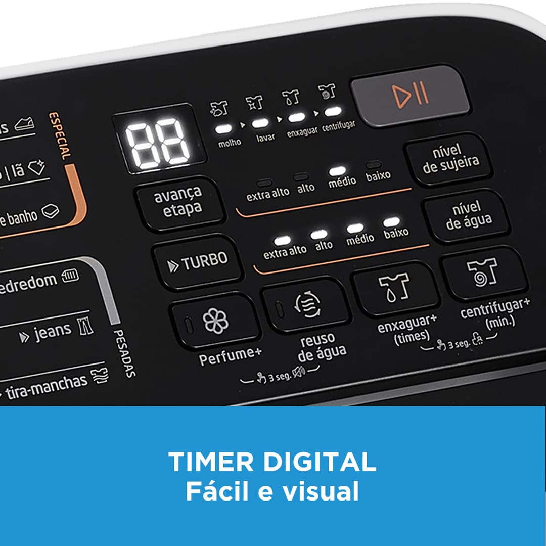 Design inteligente e consumo consciente com a máquina de lavar 13kg. O design inteligente oferece controle total e consumo consciente. Equipada com painel e Timer Digital ela permite ajustes precisos, enquanto o agitador anatômico Wave Agitator e o Filtro de Fiapos em Aço Inox garantem uma limpeza eficiente e cuidadosa das suas roupas. Além disso, a Função Perfume+ e o Sistema Power Mix Dispenser trabalham juntos para proporcionar uma lavagem impecável a cada ciclo.