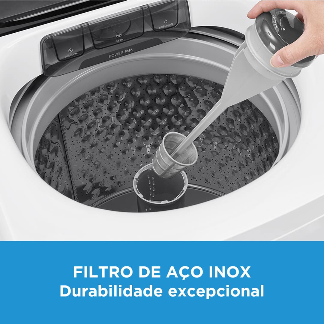 Design inteligente e consumo consciente com a máquina de lavar 13kg. O design inteligente oferece controle total e consumo consciente. Equipada com painel e Timer Digital ela permite ajustes precisos, enquanto o agitador anatômico Wave Agitator e o Filtro de Fiapos em Aço Inox garantem uma limpeza eficiente e cuidadosa das suas roupas. Além disso, a Função Perfume+ e o Sistema Power Mix Dispenser trabalham juntos para proporcionar uma lavagem impecável a cada ciclo.