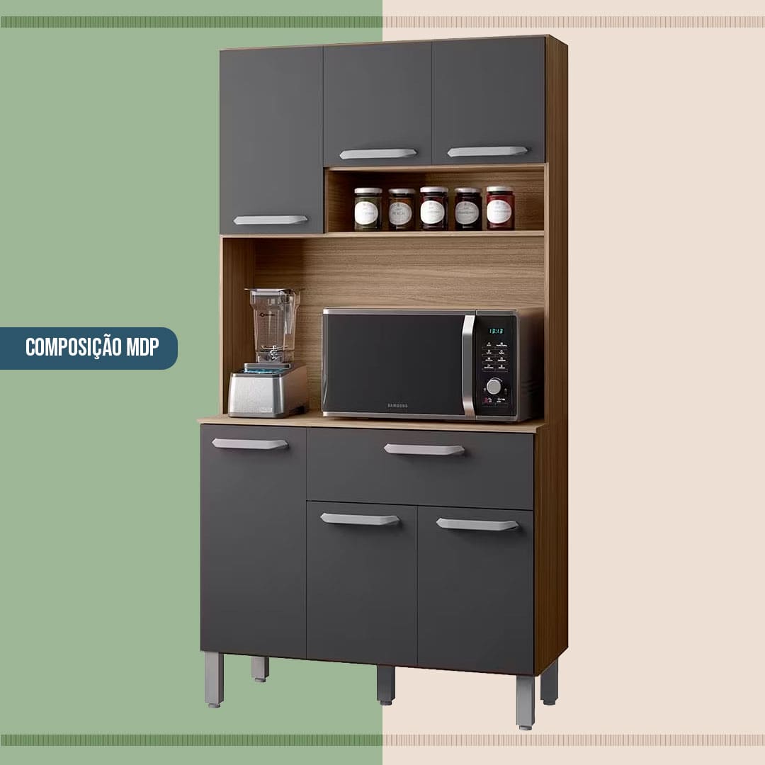 Composição MDP Cozinha Compacta Poliman cinza portas fechadas tampo marrom microondas liquidificador nicho temperos potes fundo verde bege
