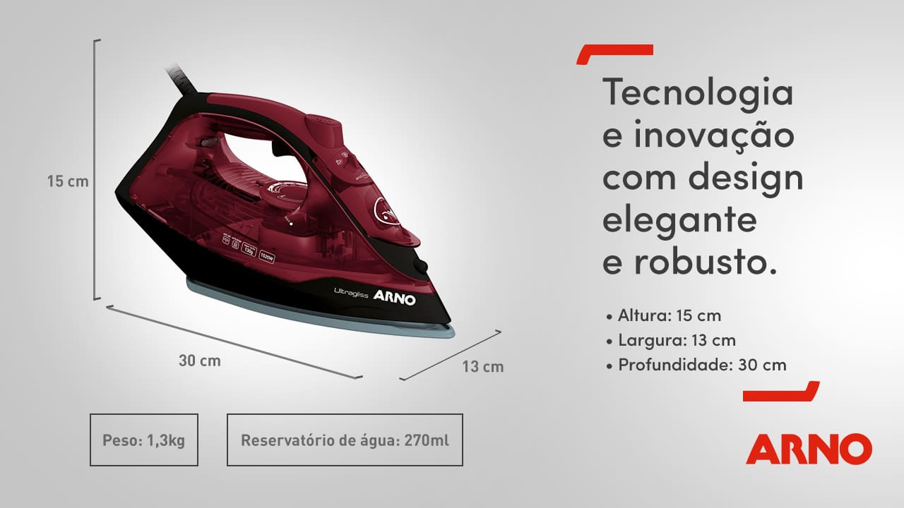 Ferro de Passar a Vapor Arno Ultragliss. Que tal facilitar aquele momento de passar as roupas? Para deixá-las impecáveis, conte com o Ferro de Passar Arno Ultragliss! Ele pode ser usado no modo a vapor ou a seco, facilitando ainda mais a tarefa. Além disso, o eletroportátil possui cabo de 2 metros de comprimento, que proporciona maior liberdade de movimento, e reservatório com capacidade para 270ml de água.