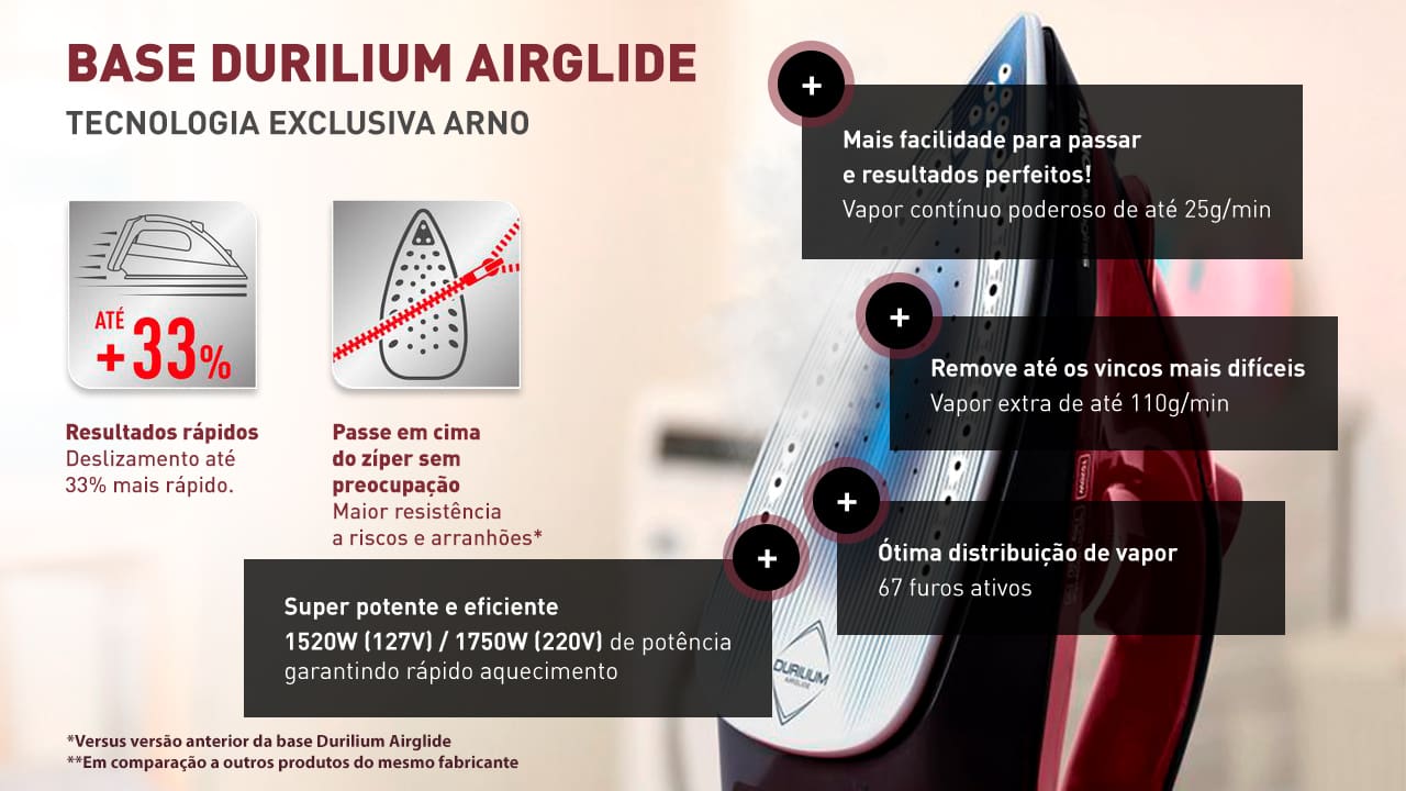 Ferro de Passar a Vapor Arno Ultragliss. Que tal facilitar aquele momento de passar as roupas? Para deixá-las impecáveis, conte com o Ferro de Passar Arno Ultragliss! Ele pode ser usado no modo a vapor ou a seco, facilitando ainda mais a tarefa. Além disso, o eletroportátil possui cabo de 2 metros de comprimento, que proporciona maior liberdade de movimento, e reservatório com capacidade para 270ml de água.