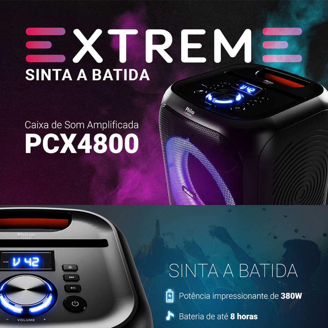 Bateria de alto desempenho A bateria disponível na Caixa de Som Amplificada Philco é recarregavel e possui 2.000 mAh no total com potência de 380W RMS Transforme o som de suas apresentações Com a função REC é possível ser realizada a gravação dos áudios captados por sua Caixa de som amplificada e com a operação True Wireles Stereo Realce de Graves e Agudos A caixa de som possui dois botões que entregam mais qualidade ao ouvir músicas, são eles: o ajuste de grave permitindo aumentar ou diminuir o efeito de graves.