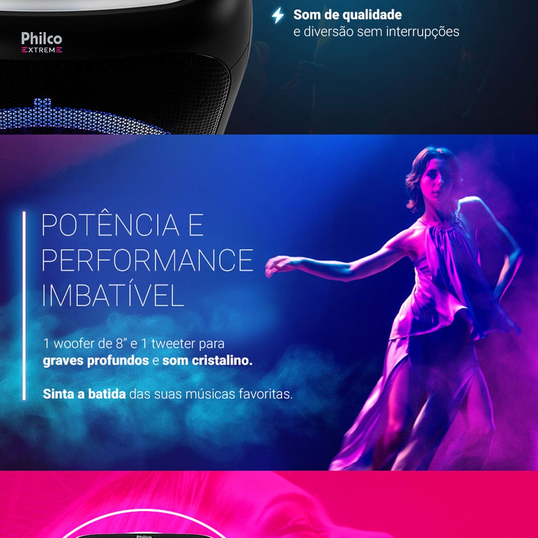 Bateria de alto desempenho A bateria disponível na Caixa de Som Amplificada Philco é recarregavel e possui 2.000 mAh no total com potência de 380W RMS Transforme o som de suas apresentações Com a função REC é possível ser realizada a gravação dos áudios captados por sua Caixa de som amplificada e com a operação True Wireles Stereo Realce de Graves e Agudos A caixa de som possui dois botões que entregam mais qualidade ao ouvir músicas, são eles: o ajuste de grave permitindo aumentar ou diminuir o efeito de graves.