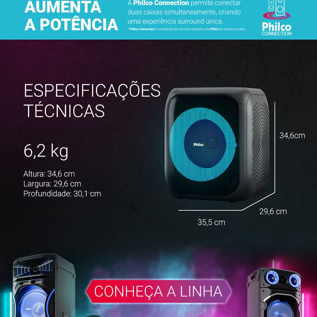 Bateria de alto desempenho A bateria disponível na Caixa de Som Amplificada Philco é recarregavel e possui 2.000 mAh no total com potência de 380W RMS Transforme o som de suas apresentações Com a função REC é possível ser realizada a gravação dos áudios captados por sua Caixa de som amplificada e com a operação True Wireles Stereo Realce de Graves e Agudos A caixa de som possui dois botões que entregam mais qualidade ao ouvir músicas, são eles: o ajuste de grave permitindo aumentar ou diminuir o efeito de graves.