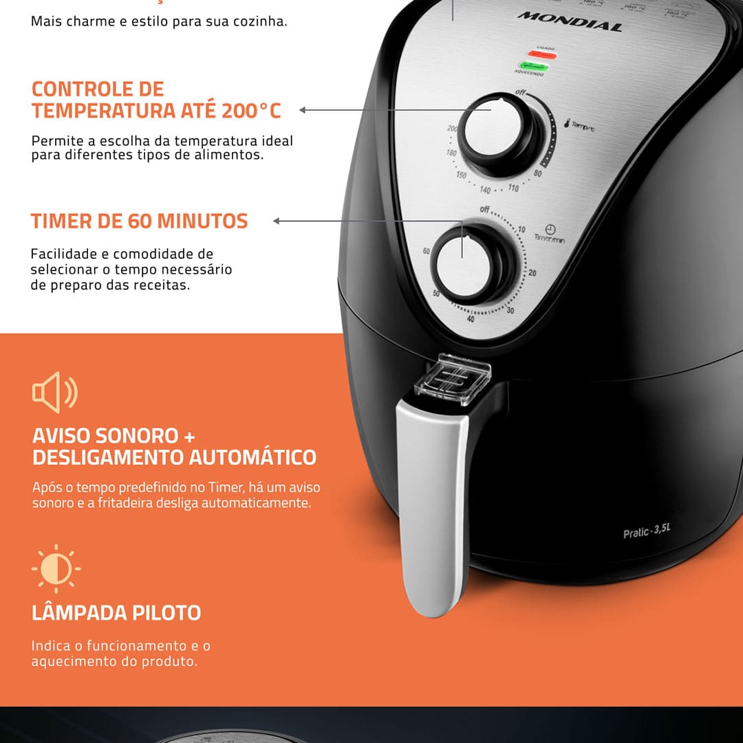 Transformar sua maneira de preparar os alimentos fica muito mais fácil com produtos que agregam praticidade e versatilidade como a Fritadeira Elétrica Sem Óleo Air Fryer Mondial AF-30I Family Inox IV. Bonita, moderna e fácil de usar, a Air Fryer Mondial cozinha os alimentos por inteiro utilizando a movimentação do ar quente, assim, os alimentos mantêm o sabor, ficam crocantes, mesmo sem a utilização de óleo, para receitas muito mais saudáveis.