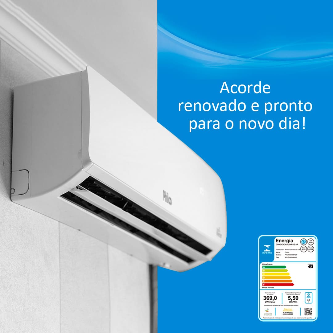 Acorde renovado e pronto para o novo dia! Imagem frontal frente Ar Condicionado Philco branco parede branca selo Inmetro
