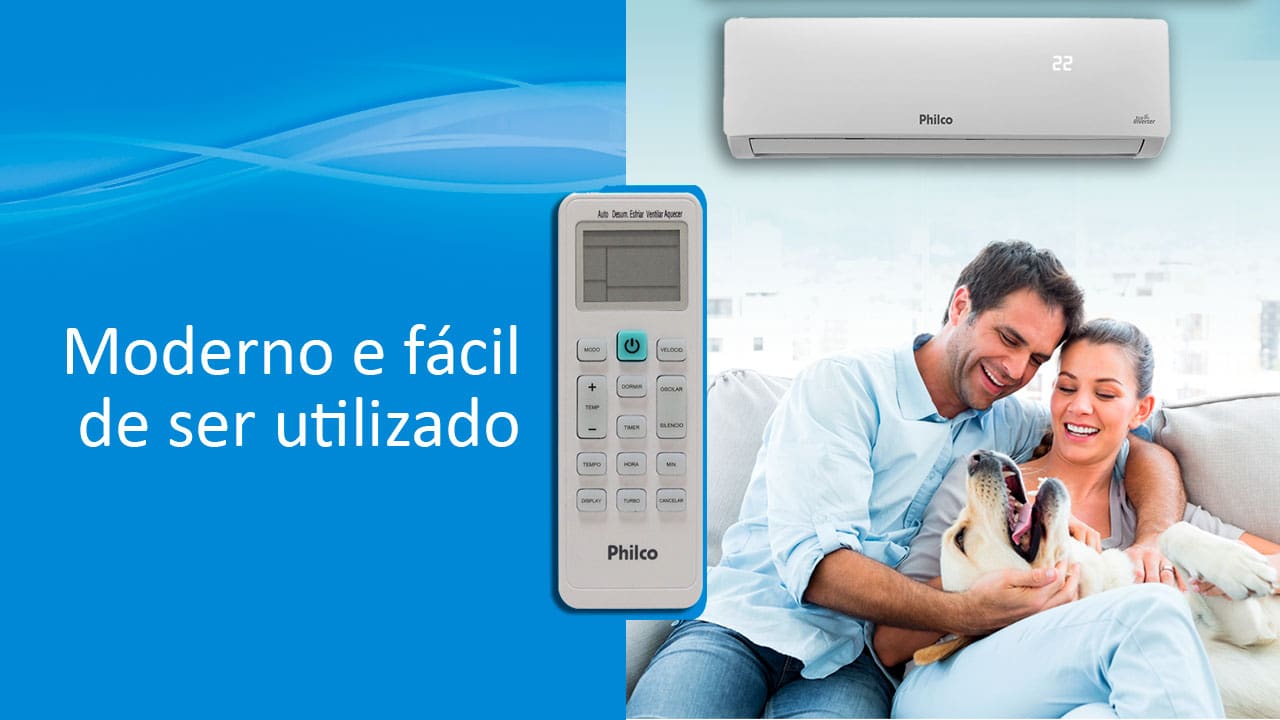 Moderno e fácil de ser utilizado imagem controle remoto Ar-Condicionado Philco branco brancos cachorro deitado boca aberta colo casal homem mulher sorrisos sorrindo carinho carícias cão