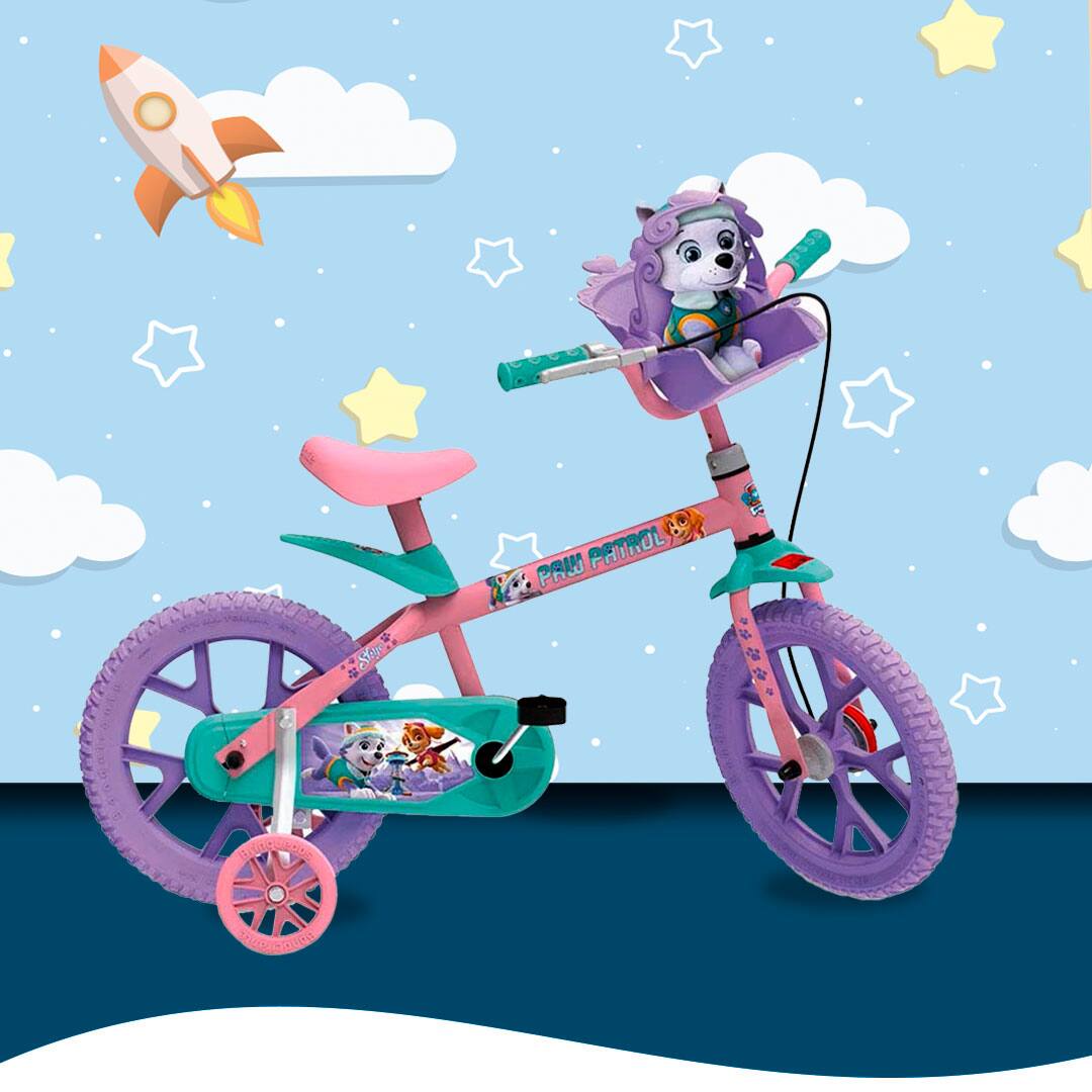Bicicleta Infantil Bandeirante Patrulha Canina rosa roxa fundo ilustração céu estrelas nuvens foguete