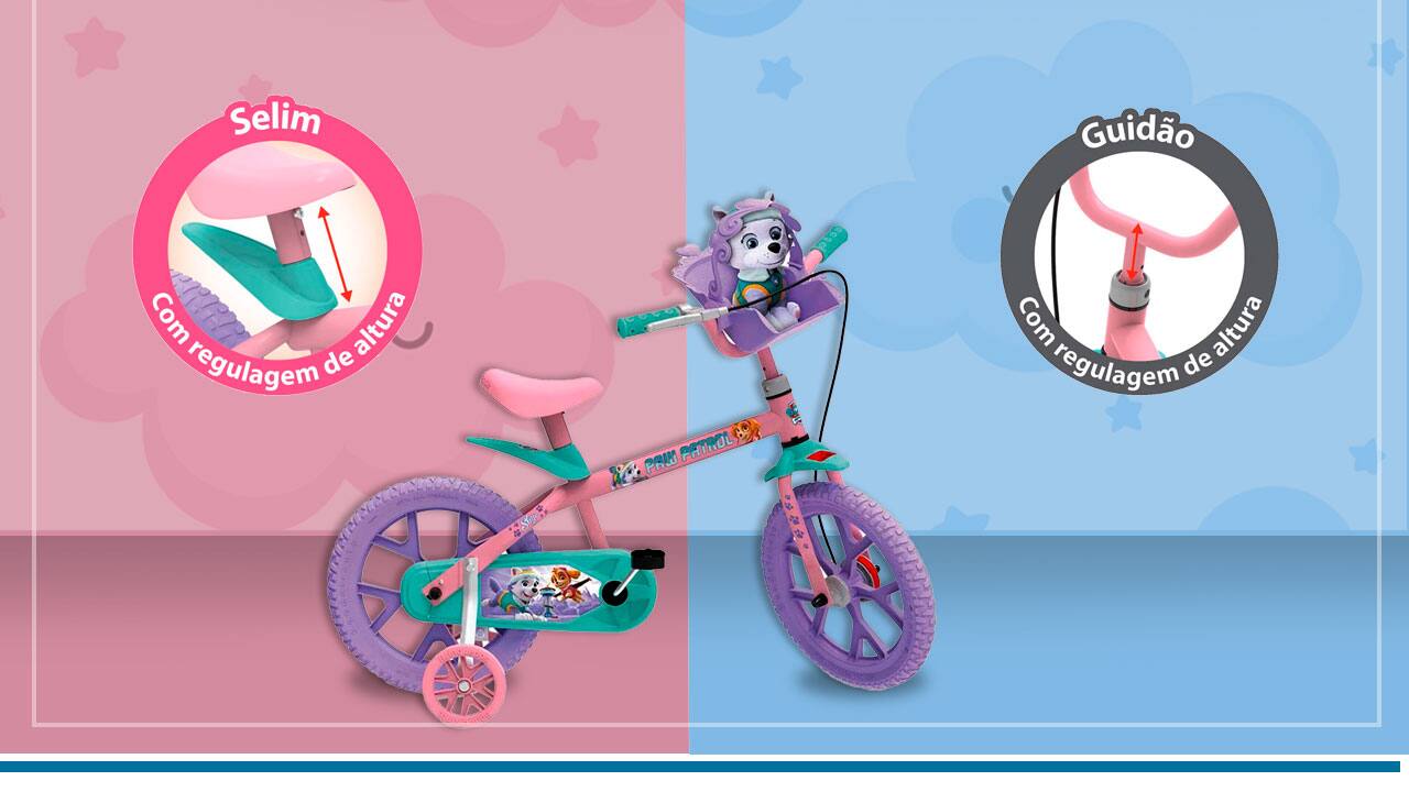 Bicicleta Patrulha Canina rodinha lateral destaque selim guidão regulagem de altura fundo ilustrativo design rosa azul nuvens estrelas